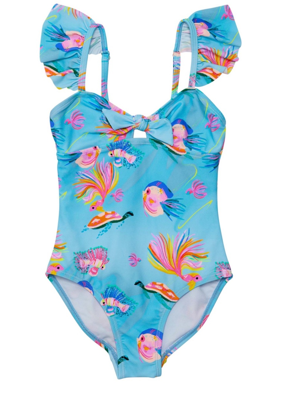 Snapper Rock Girls Kaleido Fish Frill One-Piece - Aqua Multi